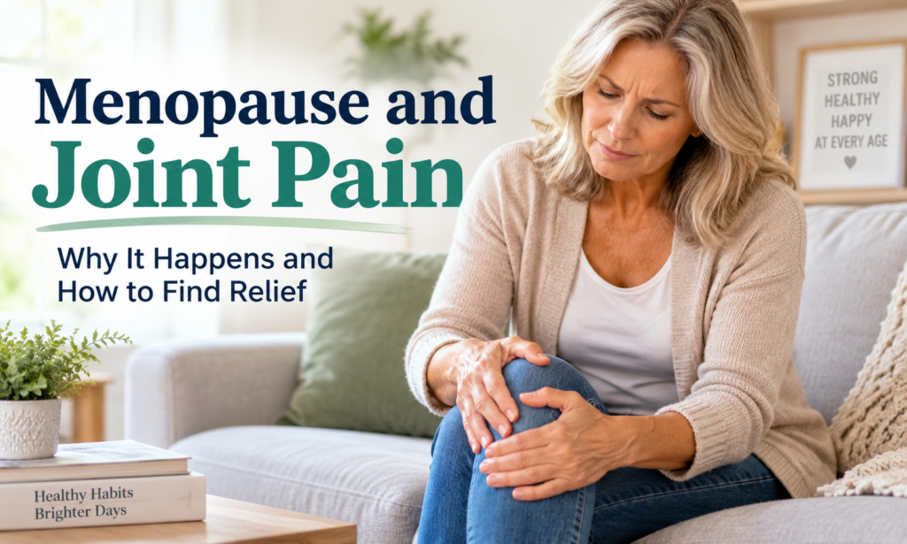 Woman experiencing menopause joint pain while holding her knee.