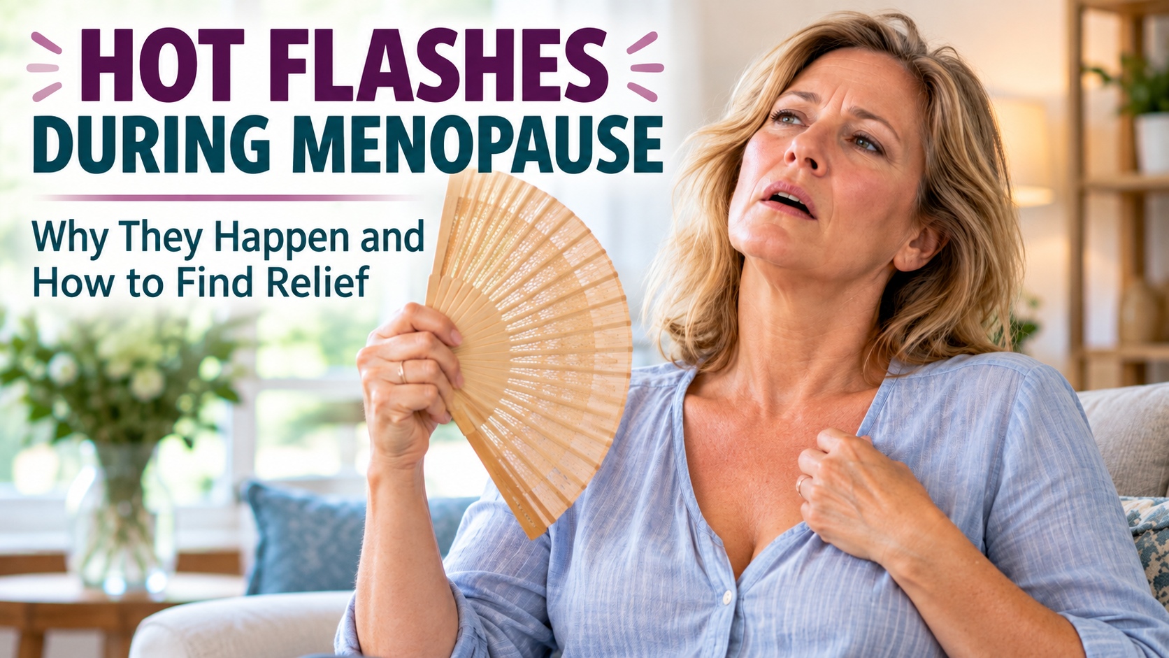 Woman experiencing hot flashes during menopause while cooling herself at home.